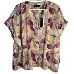 NWT Tahari Purple and Cream Floral Blouse size 2X